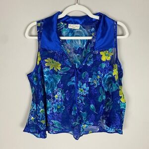 Vintage Inner Most Floral Burnout Vest Top Womens Satin Collar Button Boxy